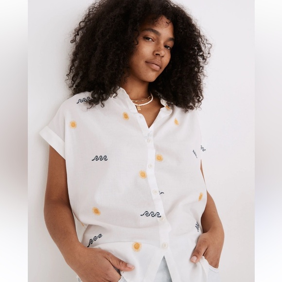 MADEWELL White Embroidered Cotton Button Down Shirt Top XS/S Women’s - Picture 13 of 14